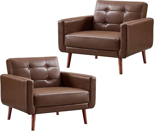 CANMOV 29 W Oversized Leather Accent Chair Set of 2 Mid Century Modern Accent Chairs Armchair Button Back for Living Room Modern Upholstered Bedroom Chair Cozy Armchair with Wood Legs Brown