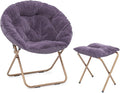 Athena Collection Round Saucer Chair with Ottoman Set for Adults Oversize Comfy Cozy Faux Fur Folding Reading Chair with Metal Leg Lazy Relaxing for Living Room Bedroom Dorm Apartment Purple