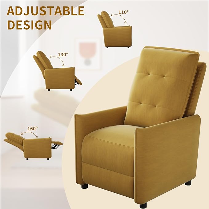 Manual Recliner Chair for Adult Velvet Reclining Chair with Chunky Cushion for Small Space Comfortable Reclining Sofa for Living Room Bedroom Home Theater Easy Assembly (Yellow)