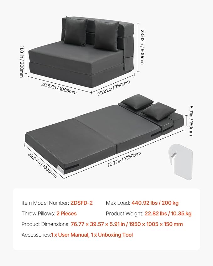 VEVOR Folding Sofa Bed 3-in-1 Foldable Couch Bed with 2 Pillows and Washable Cover 25D High Density Memory Foam Convertible Sleeper Chair Bed Futon Couch for Living Room Bedroom Dark Grey(Twin)