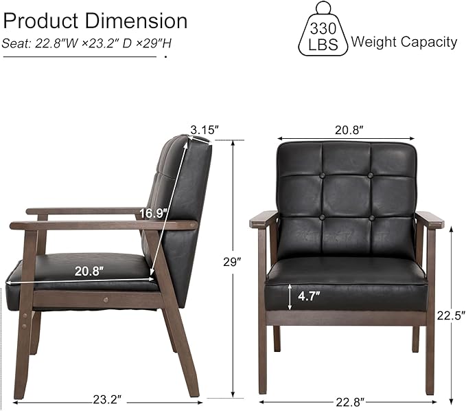 Okeysen Mid Century Modern Accent Chair Retro Wood and Leather Armchairs Side Chair Lounge Reading Comfy Arm Chair for Living Room Bedroom Office (Matte Black)