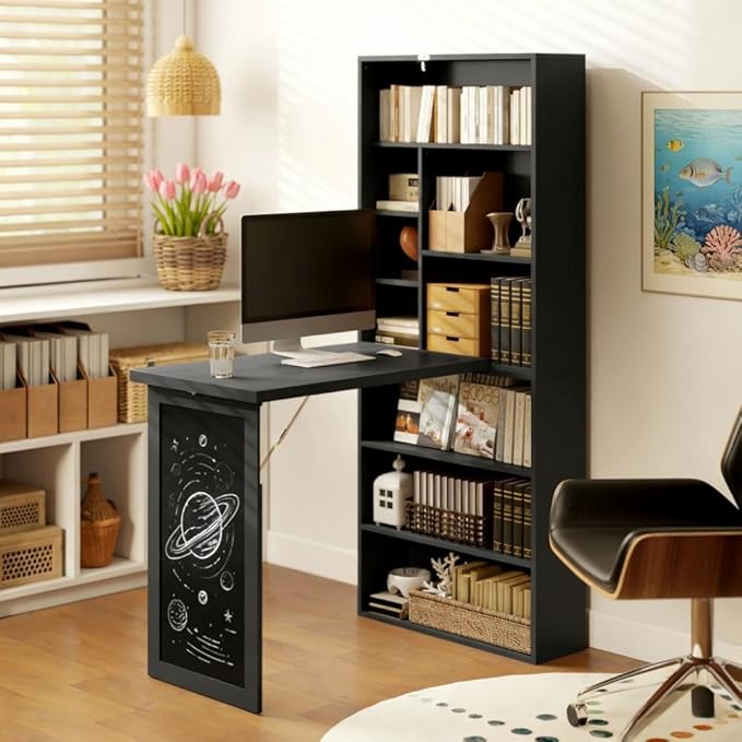 Folding Desk - Foldable Convertible Writing Table with Storage Wall Mount Fold Out Table Cabinet with Blackboard and Shelves for Home Offices Studies or Any Room (Black)