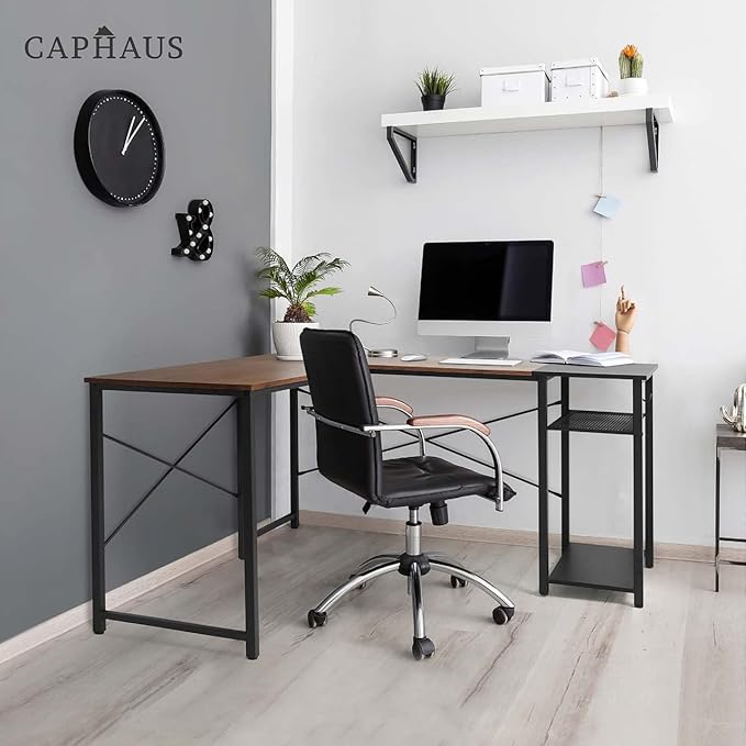 CAPHAUS 51 Inch L-Shaped Desk with 2-Tier Shelves &amp 220lbs Capacity - Home Office/Gaming/Study Corner Workstation Easy Assembly P2 Board Headphone Hook Industrial Design Rustic Oak and Black