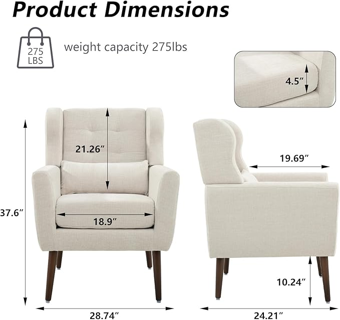 Accent Arm ChairsUpholstered Armchair for Living Room with PillowChenille Single Sofa Chairs with ArmsModern Comfy Reading Chair for BedroomSmall Spaces (Beige Set of 1)