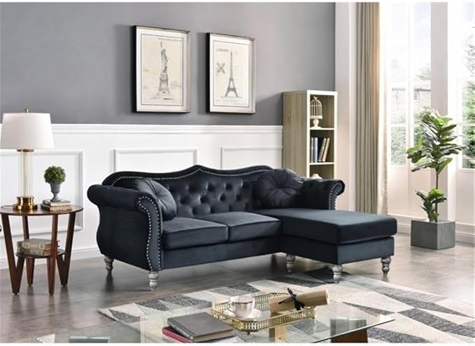 MAKLAINE Transitional Tufted Velvet Sofa Chaise Black Finish 81 in Wide Hardwood Frame Pocket Coil Seat Turned Wood Legs Hand Applied Nailheads Flared Arms Living Room Seating Includes 2
