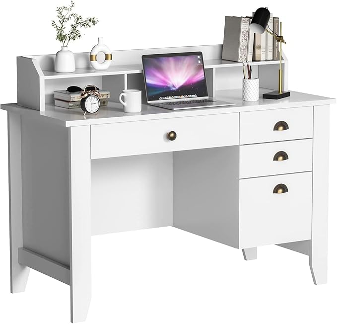 Catrimown Computer Desk with Drawers and Hutch White Desk with Drawer Wood Executive Desk Teens Student Desk Writing Laptop Home Office Desk for Small Spaces Cream 47.5''D x 22''W x 36.5''H