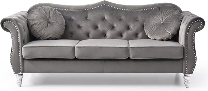 Maykoosh Velvet Sectional Sofa Tufted Living Room Couch Ruched Arm Style - 82 Wide Dark Gray