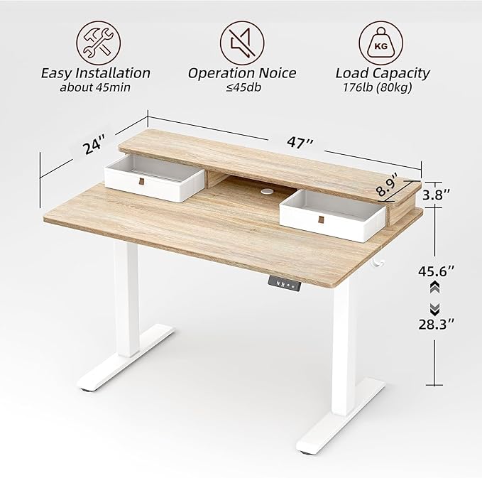 TIQLAB Standing Desk with Two Drawers Stand Up Standing Desk Adjustable Height Electric Sit Stand Table with Storage Shelf and Splice Board 48 * 24 inch Maple