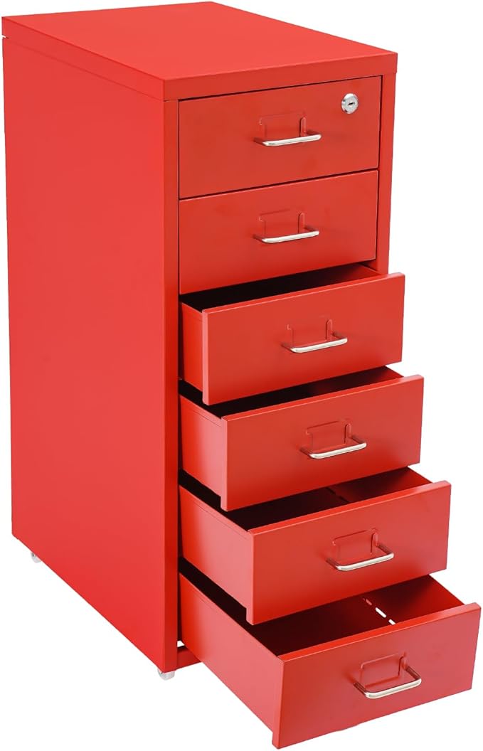 DYRABREST 6 Drawer Vertical File Cabinet with Wheels and Lock Metal Storage Organizer Cabinet for Home Office Study Modern Rolling Filing Cabinet for Documents Supplies (red)