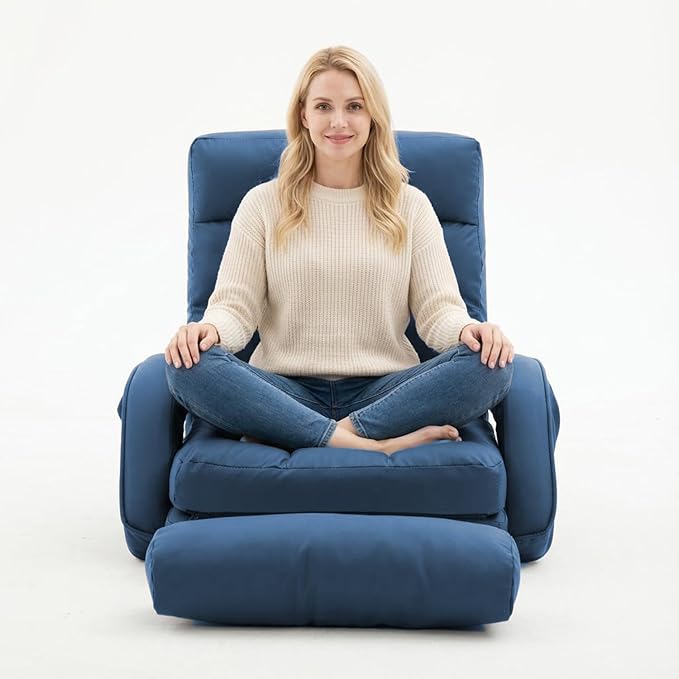 FLOGUOR 14-Position Adjustable Floor Chair Chaise Lounge Indoor Folding Lazy Sofa with Armrests and a Pillow Padded Adults Gaming Chairs for Living Room Bedroom Factory Price8803 (Blue（PU）)