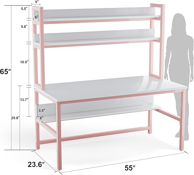 Aquzee Pink Desk with Hutch for Girls 55in Computer Desk with Bookshelf for Teens Adults Craft Table for Bedroom Kids Room White Pink Study Table with Shelves for Storage