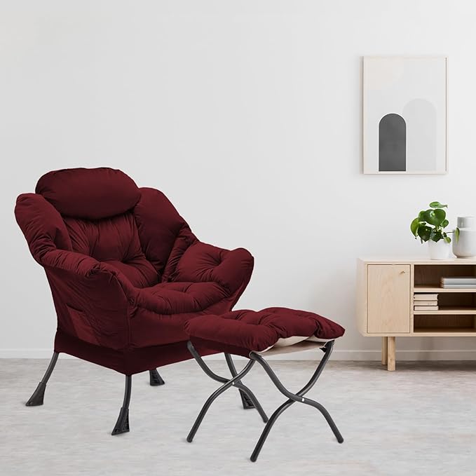 Lazy Chair with Folding Ottoman Accent Chair Velvet Upholstered with Metal Structure and Non-Slip Pads Sofa Armchair with Footrest and Side Storage Bag for Dorm Room Office Burgundy