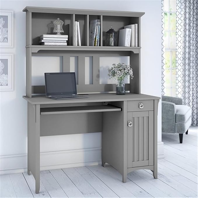 Pemberly Row Small Computer Desk with Hutch 48W x 23D x 63H Cape Cod Gray Engineered Wood Wire Management Keyboard Tray Storage Cabinet and Drawer Mission Style Home Office Desk