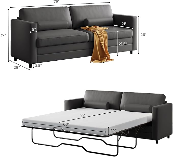 Mjkone 79 W Queen Size Faux Leather Pull Out Sofa Bed Queen 2-in-1 Sleeper Sofa with Memory Form Mattress Modern Loveseat Couch Beds Pullout Couch Bed for Living Room Apartment Studio Grey