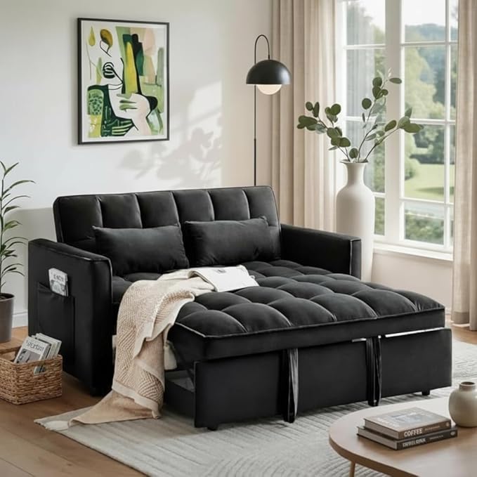 3 in 1 Convertible Sofa Bed Love Seat Sleeper Bed with Side Pockets Velvet Fabric Pull Out Couch with Adjustable Backrest for Living Room Bedroom Apartment Black