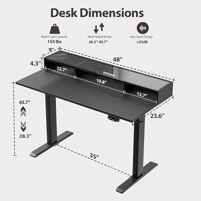 Agilestic Glass Standing Desk with Storage 48 Inch Electric Adjustable Desk with Glass Shelf Sit Stand Up Home Office Computer Table Splice Board Black