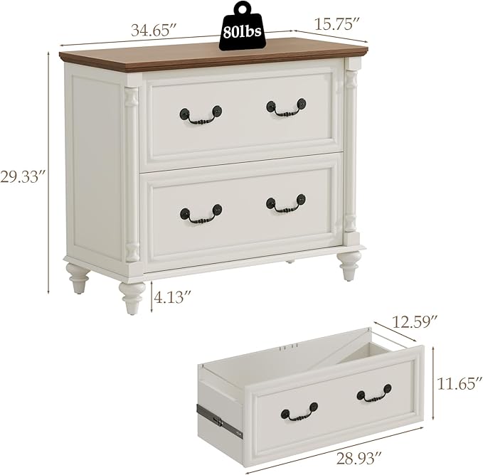 Farmhouse Lateral File Cabinet 2 Drawers File Cabinet for Legal/Letter/A4 Size Hanging Files Large Wood File Storage Cabinets Printer Stand for Home Office Cabinet White