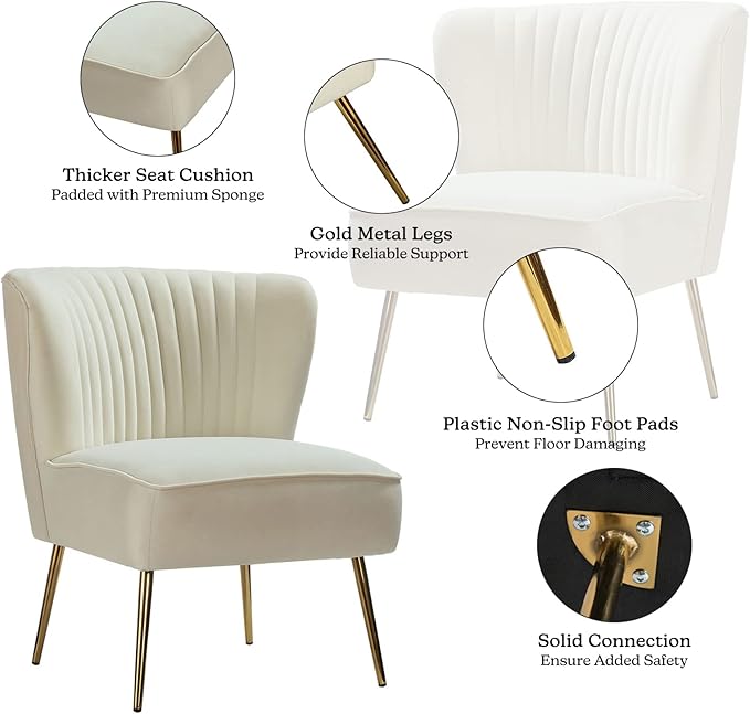 TINA'S HOME Velvet Accent Chair Set of 2 with Metal Golden Legs Upholstered Armless Slipper Chair with Wingback Mid Century Side Chair for Living Room Bedroom Vanity- Ivory