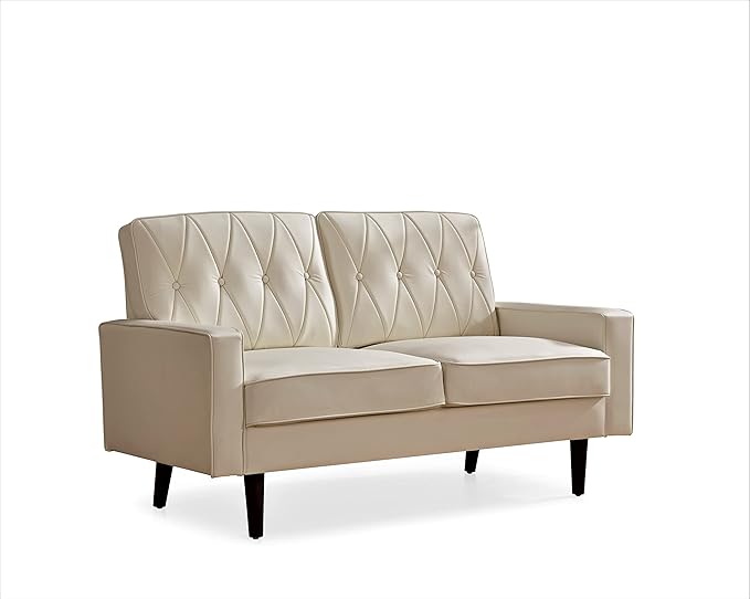 Modern Style Faux Leather Loveseat with Elegant Round Tapered Legs and Button Tufted Backrest Perfect for Living Room Bedroom or Home Office 57.5’’ Wide White