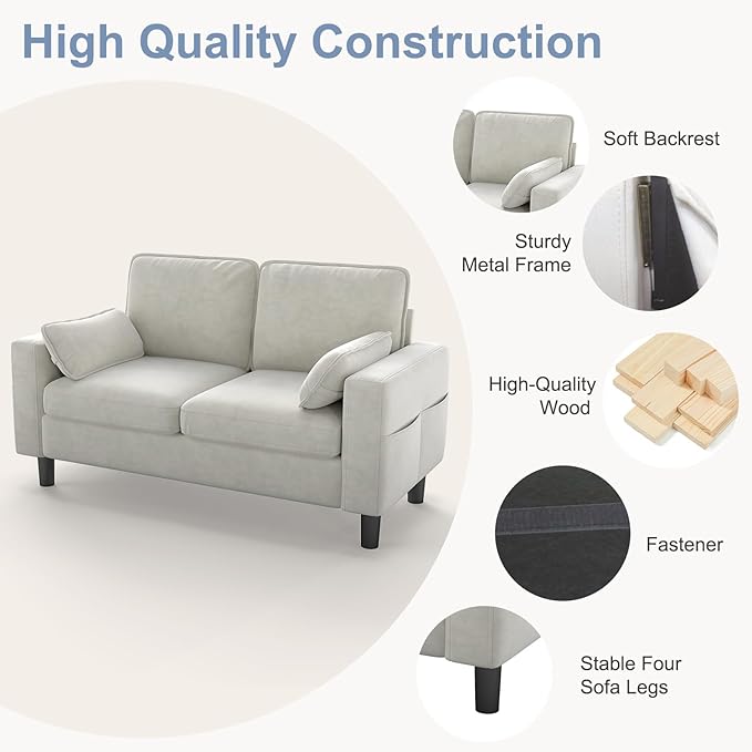 KINTNESS 56” Modern Loveseat Sofa 2-Seater Sofa Couch with Deep Seat &amp Armrest Pillow Sectional Sofa Loveseat for Bedroom Living Room Removable Covers Ergonomic Height Non-Slip Off-White