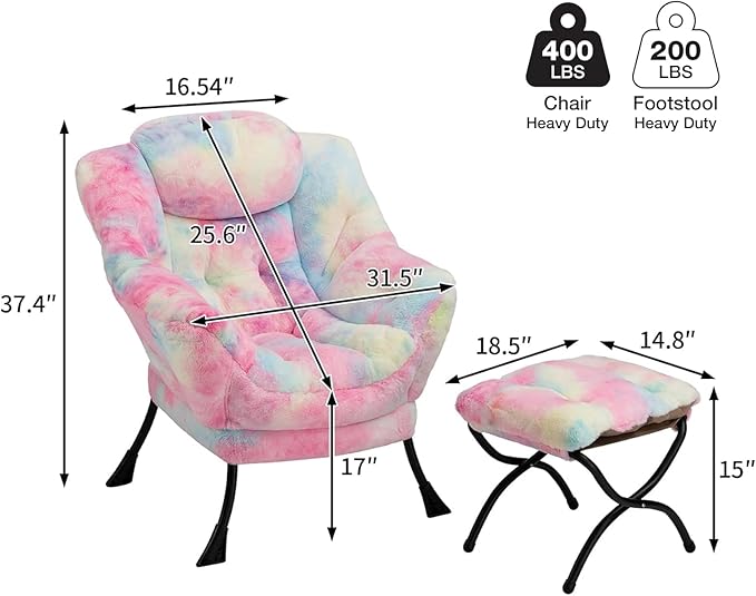 HollyHOME Lazy Chair with Foldable Ottoman Accent Comfy Lounge Armchair and Folding Footrest Stool Leisure Sofa Reading Chair and Footstool for Living Room Bedroom DormFaux Fur Rainbow