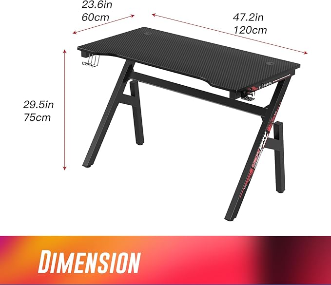 47 Inch Gaming Computer Desk Ergonomic Carbon Fiber PC Table Large Computer Desk PC Gaming Workstation Home Office Desks with Cup Holder Headphone HookRed