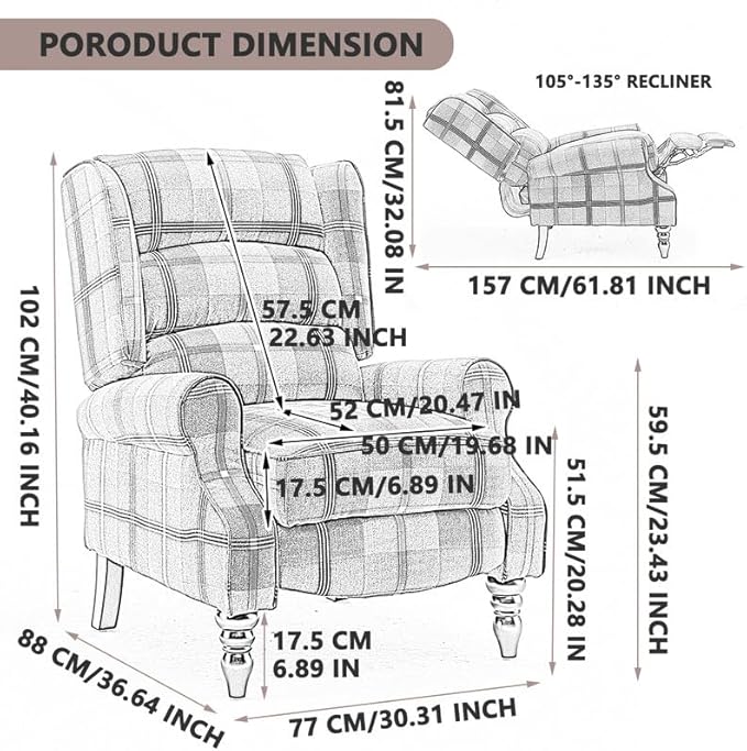 Upholstered Wingback Recliner Chair Plaid Recliner Chair Armchair Adjustable Footrest Push Back Reclining Sofa Mid-Century Modern Lounge Armchair for Living Room Bedroom Reading - Blue