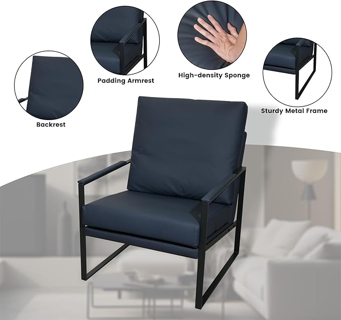 CONSDAN StoneCreek Accent Chair Modern Armchair with Metal Frame Leather Single Sofa Chair with Thick Padded Backrest Upholstered Lounge Chair for Living Room Bedroom Ocean Mist Blue