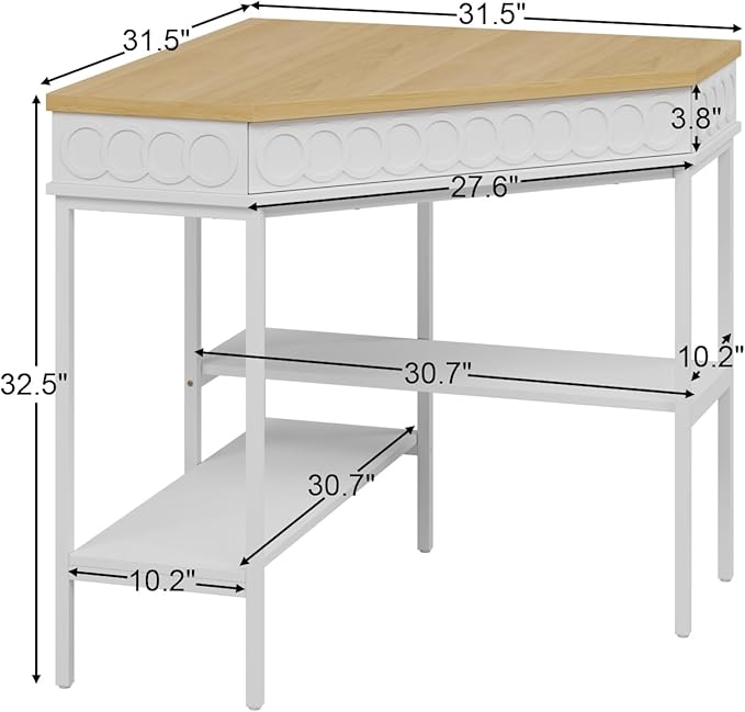 Small Corner Desk with Rotating Drawer &amp Open Shelves Triangle Study Writing Table with Circular Pattern Compact Computer Desk for Home Office White &amp Brown