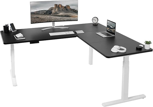 VIVO Electric Height Adjustable 77 x 71 inch Corner Stand Up Desk 2 Black 30 inch Deep Table Tops White Frame Memory Controller L-Shaped Workstation 3E Series DESK-KIT-3E7WB