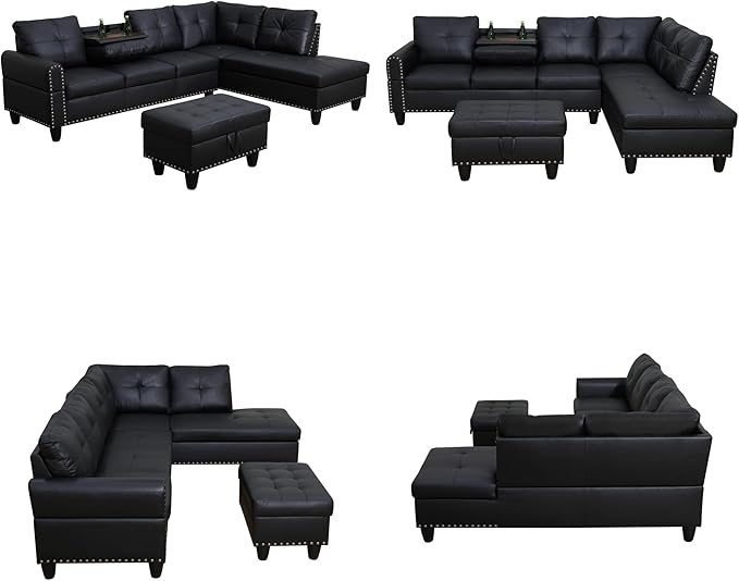Sectional Couches for Living Room Convertible 4 Seat Modular Sectional Sofa Set for Living Room L Shaped Couch or U Shaped Couch with Storage Ottoman for Apartment Leather Black