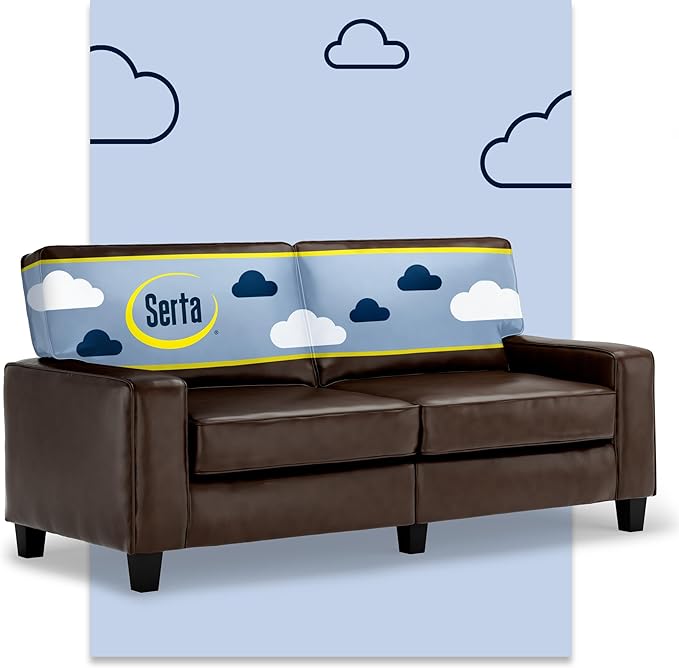 Serta Palisades 73 Track Arm Sofa Durable Bonded Leather Soft Pillow Back Pocket Coil Seat Cushions Loveseat or Couch for Small Spaces Living Rooms or Bedrooms Chestnut Brown