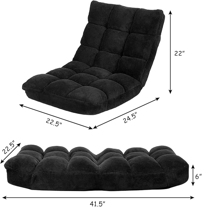 KOMFOTT 14-Position Adjustable Floor Chair With Back Support Folding Padded Gaming Sofa for Reading Meditation Living Room Lazy Lounge Video Gaming - Black