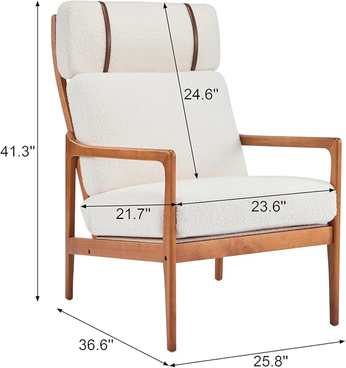 Merax Mid Century Modern Accent Chair High Back Armchair with Beige Boucle Upholstered Cushions and Solid Wood Frame Ergonomic Lounge Chair for Living Room/Bedroom/Reading Nook