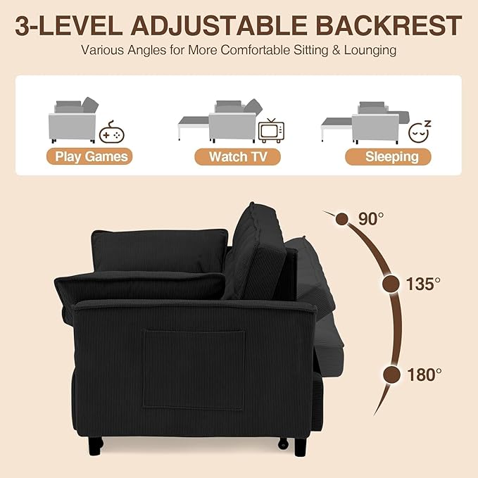 3 In 1 Corduroy Convertible Sofa BedPull Out Couch Bed with Reclining Backrest And 2 Pillows 54 Full Size Loveseat Sleeper Sofa Futon Couch Bed Couches For Small Spaces Living Room (Black ①)