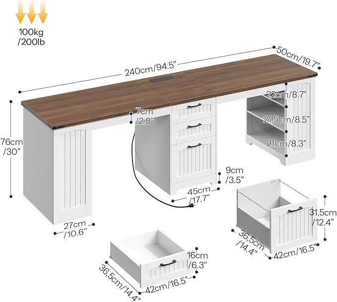 HOOBRO 94.5 Computer Desk with Power Outlet 2 Person Office Desk with Drawers Farmhouse Double Desk for Home Office A4/Letter Size Adjustable Shelves White and Walnut WH240UDN01