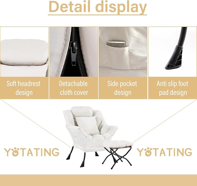 Lazy Chair with Ottoman Comfy Reading Lounge Chair with Footstool &amp Throw Pillow Modern with Armrests &amp Side Pocket for Living Room Bedroom Dorm Room Beige