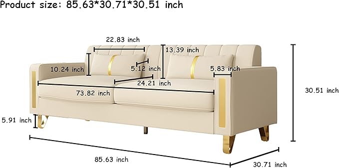 Modern Velvet Loveseat Sectional Sofa with Gold Legs 86 Large Beige Upholstered Deep Seat Chaise for 3-4 Persons Living Room Office Apartment