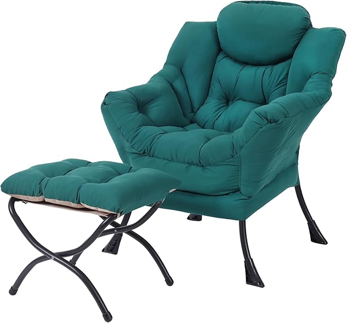 Lazy Chair with Folding Ottoman Modern Accent Armchair with Armrests and a Side Pocket &amp Foldable Footstool Reading Chair for Living Room Bedroom Dorm &amp Office Dark Green