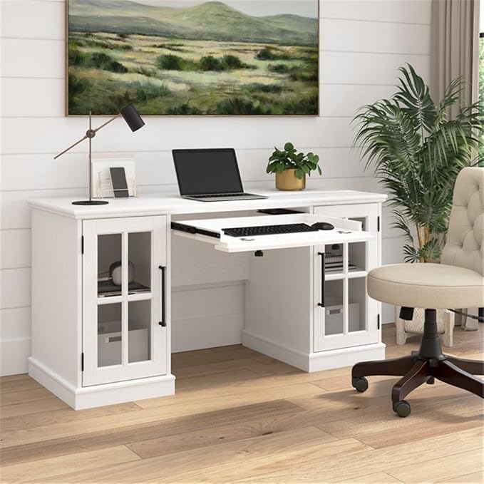 Bush Home Westbrook 60W Computer Desk with Storage and Keyboard Tray in White Ash | Farmhouse Desk for Home Office Workspace