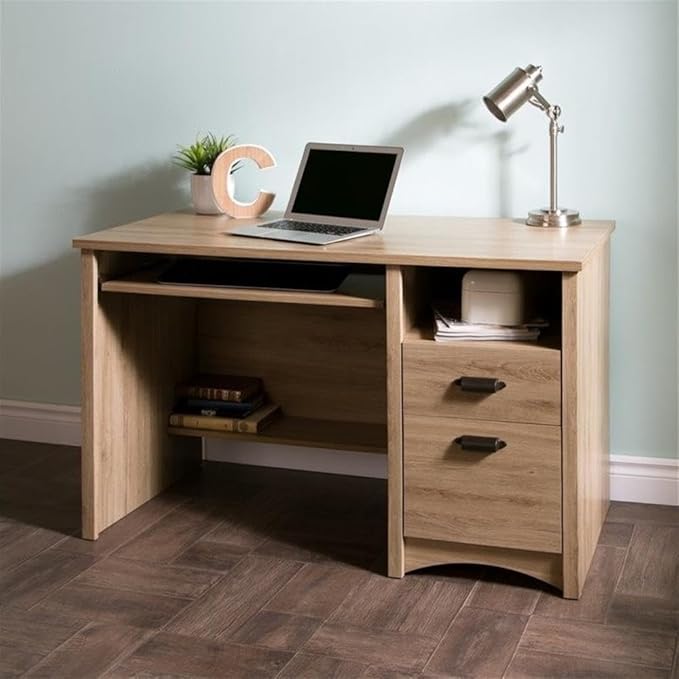 BOWERY HILL 2-Drawer Wood Computer Desk Rustic Oak Finish 47.5 in Wide 30.625 in High Antique Bronze Pewter Handles Keyboard Tray File Storage Country Style Home Office Desk