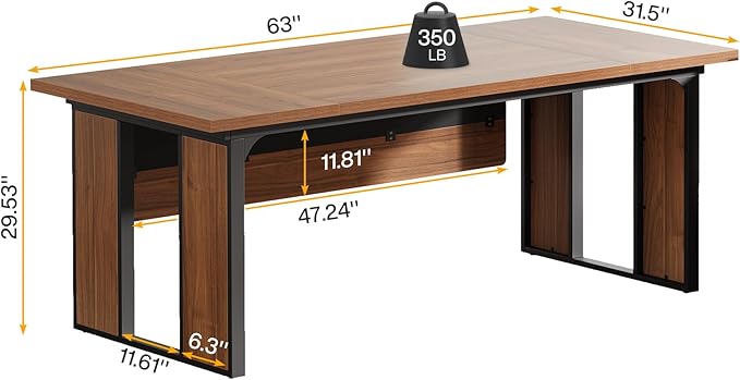 Tribesigns 63 Executive Desk Modern Office Desk with Privacy Panel &amp Metal Frame Large Computer Desk for Home Office Writing Study Workstation Business Furniture (Brown &amp Black Only Table