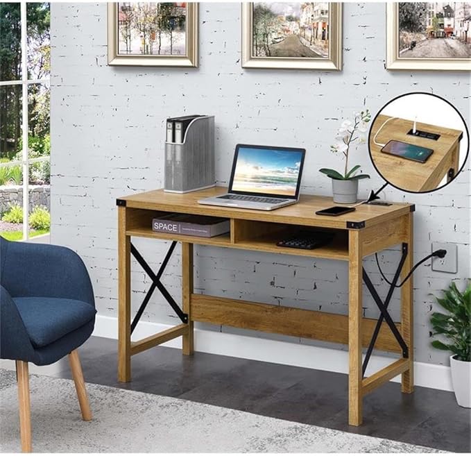 Pemberly Row 42-Inch Home Office Desk with Charging Station Light English Oak Wood Finish Black Metal Frame Built-in USB Ports and Outlets Durable Particleboard Construction Industrial Style