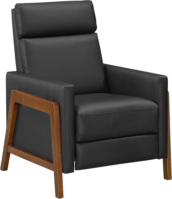 Lexicon Push Back Recliner Chair Faux Leather Upholstered Reclining Chair with Footrest Exposed Dark Brown Finish Wood Frame Small Recliner for Small Space Living Room Bedroom Black