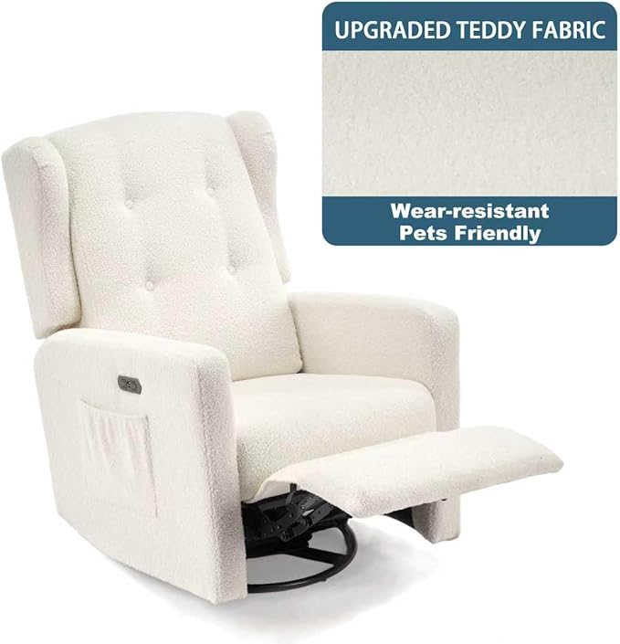 Power Swivel Rocking Recliner Chair High Back Electric Rocker Nursery Glider Chair USB and Type-C Ports Upholstered Teddy Fabric Reclining Single Sofa Chair for Living Room (Teddy Beige)