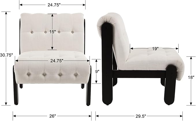 Modern Armless Accent Chair for Living Room Beige Chenille Button Tufted Upholstered Lounge Reading Chair with Black Wood Frame