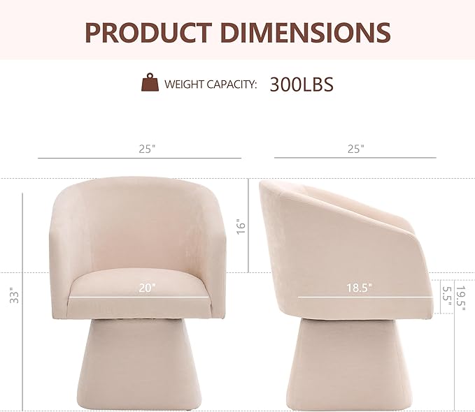 Swivel Modern Accent ChairLuxury Fabric Upholstered Makeup Chair Comfy Barrel Chair with No Wheels360°Rotating Vanity Armchair for Living Room Bedroom Office (WhiteSet of 2)