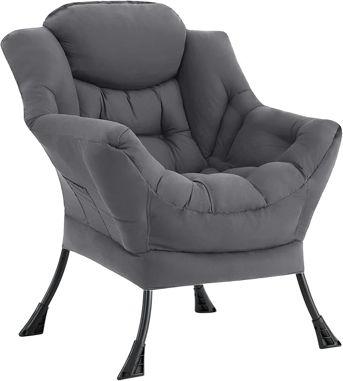 LITA Lazy Chair with Armrests and Side Pocket Modern Upholstered Accent Reading Chair for Living Room Bedroom Dorm Small Spaces Single Dark Grey