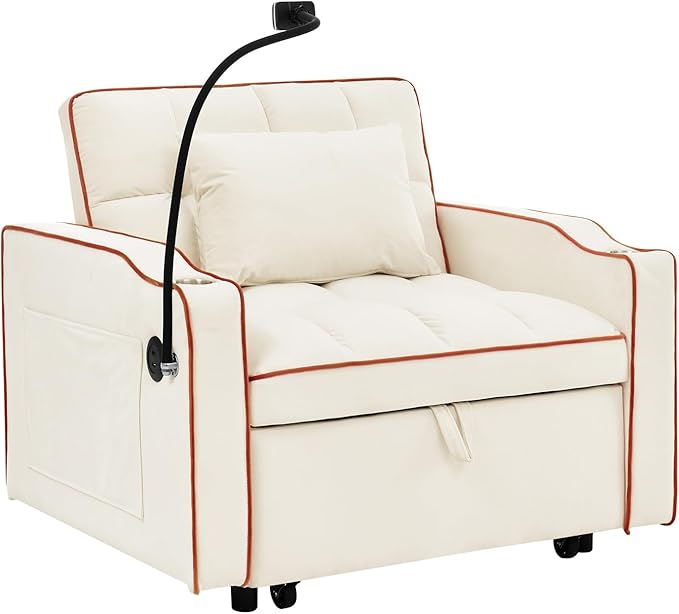 3 in 1 Convertible Sleeper Chair Bed with USB Ports Cup Holder and Phone Stand Velvet Pull Out Futon Sofa Beds Adjustable Backrest Single Sofa Chair for Small Spaces Living Room Office (Beige)