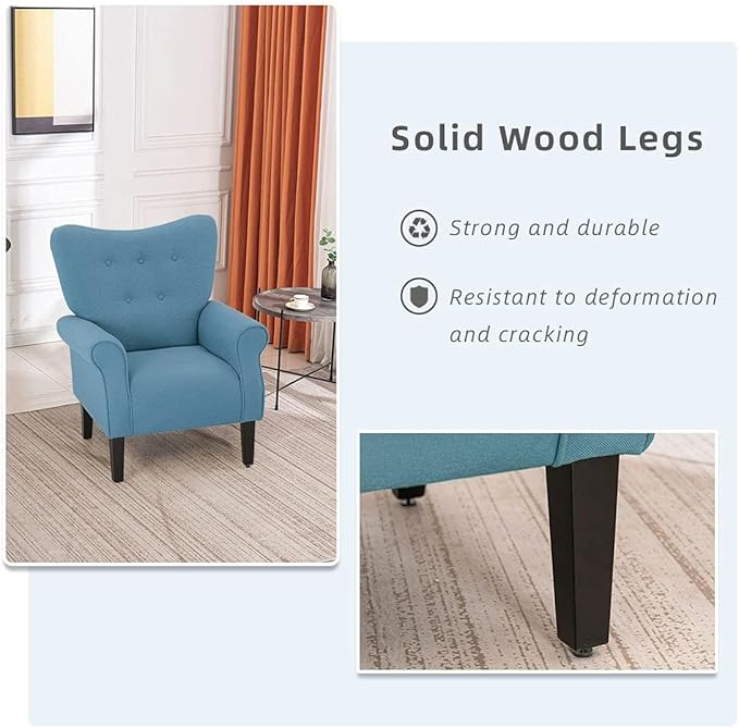 YOLENY Modern Accent ChairHigh Back ArmchairUpholstered Fabric Button Single Sofa with Wooden Legs for Living RoomBedroomClubLight Blue